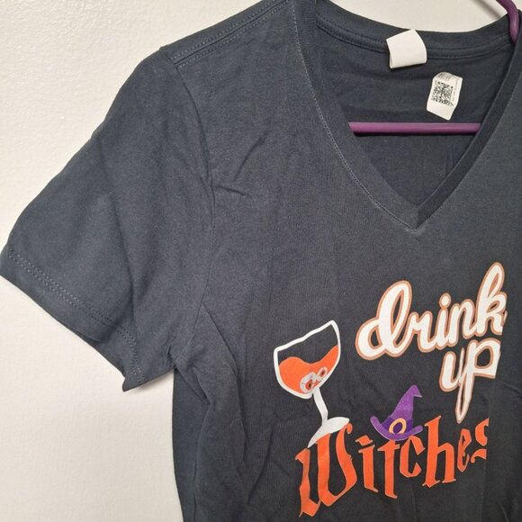 Drink Up Witches Tee Shirt V Neck Halloween Womens Small Wine Party Costume - Picture 3 of 6